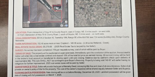 152.46 ac DODGE CO. Farm to Auctioned
